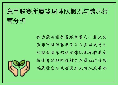 意甲联赛所属篮球球队概况与跨界经营分析